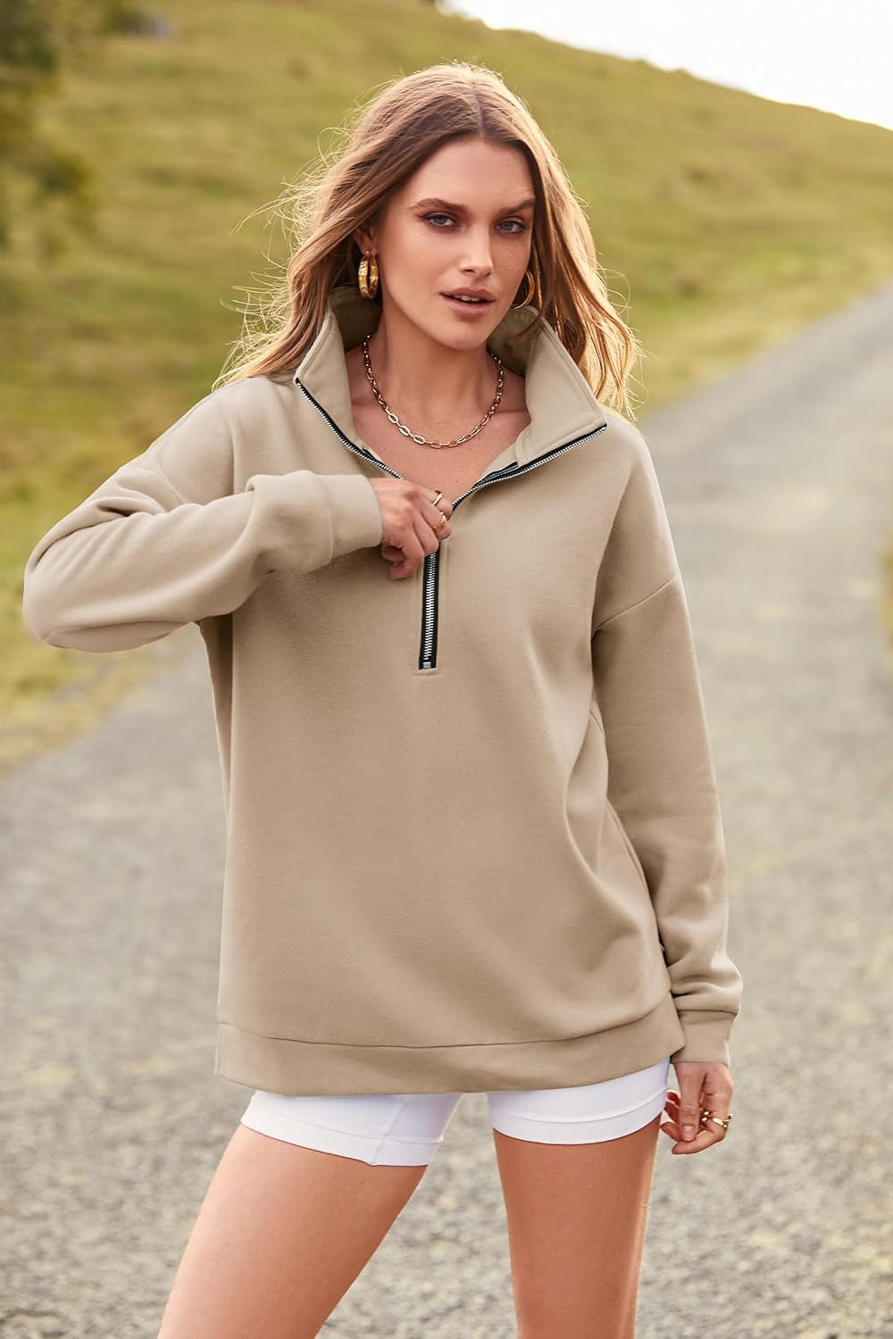 Women'S Causal 1/4 Zip Pullover Long Sleeve Collar Sweatshirts Solid Activewear Running Jacket