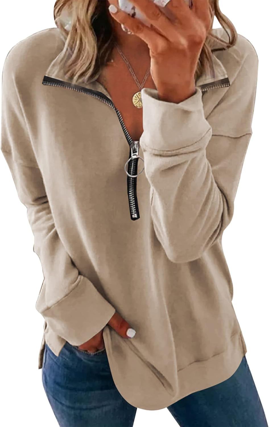 Women'S Causal 1/4 Zip Pullover Long Sleeve Collar Sweatshirts Solid Activewear Running Jacket