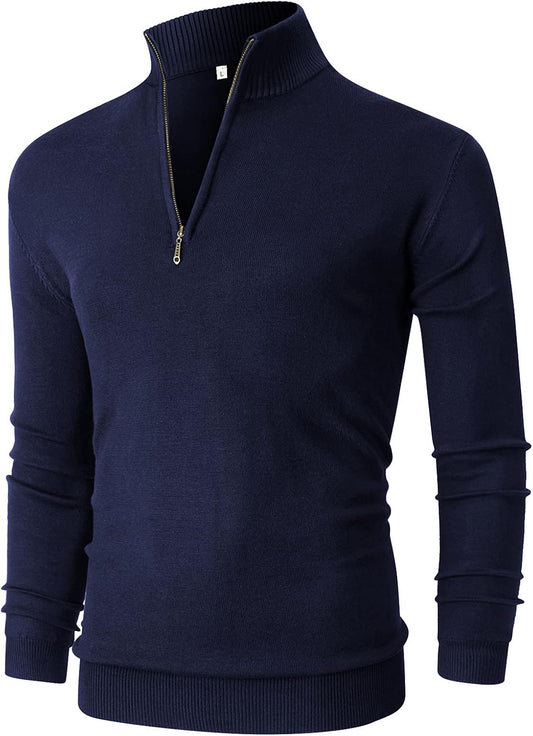 Mens Slim Fit Quarter Zip Mock Neck Polo Sweater Casual Long Sleeve Sweater and Turtleneck Pullover